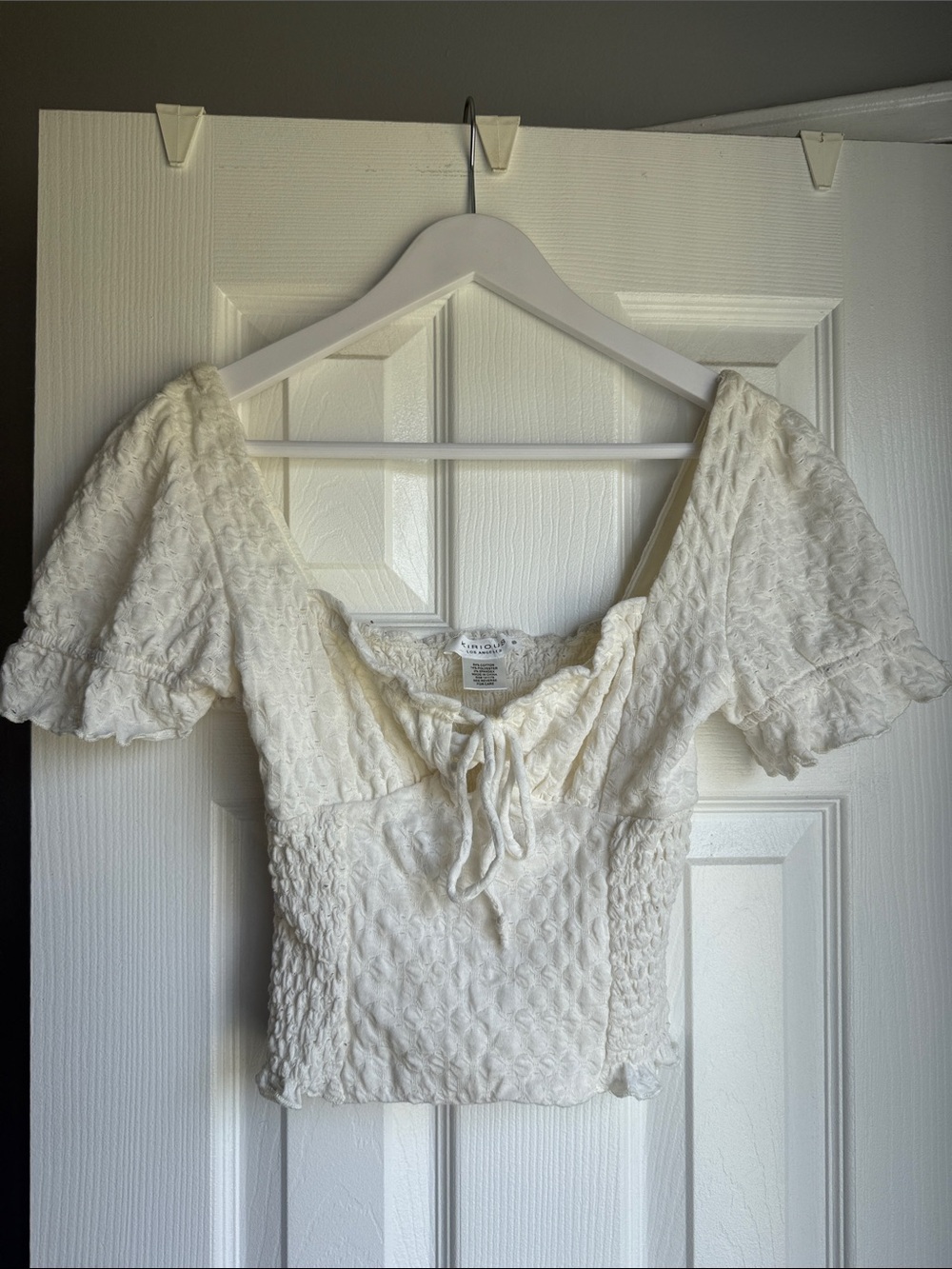 Women's White Textured Tie-Front Top